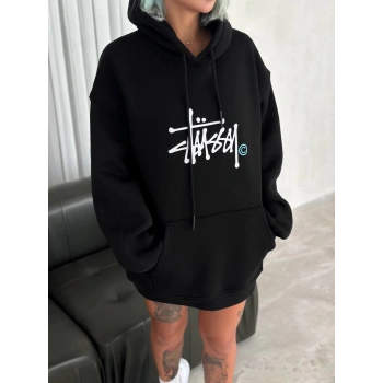 Üç İplik Kapşonlu Baskılı SweatShirt - Siyah -