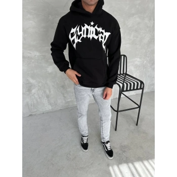 Üç İplik Kapüşonlu Baskılı SweatShirt - Siyah -
