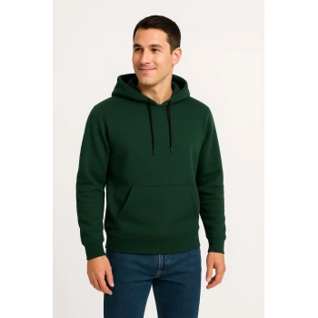 Üç İplik Kapüşonlu Kanguru Cepli SweatShirt hoodie - Haki -