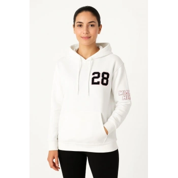 Üç İplik Kapüşonlu Ön ve Arka Baskılı SweatShirt hoodie - Beyaz -
