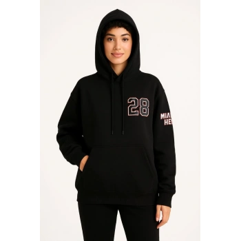 Üç İplik Kapüşonlu Ön ve Arka Baskılı SweatShirt hoodie - Siyah -