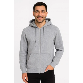Üç İplik Kapüşonlu Tam Fermuarlı Kanguru Çepli SweatShirt Hoodie - Gri -