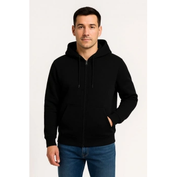 Üç İplik Kapüşonlu Tam Fermuarlı Kanguru Çepli SweatShirt Hoodie - Siyah -