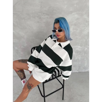 Üç İplik Parçalı Yakalı SweatShirt - Yeşil