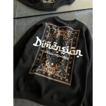 Üç İplik Penye Bisiklet Yaka Baskılı SweatShirt - Siyah