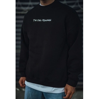 Üç İplik Penye Bisiklet Yaka Oversize Baskılı SweatShirt - Siyah