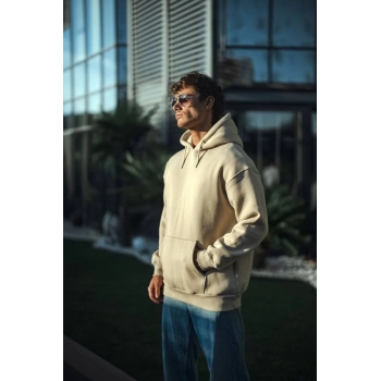 Üç İplik Penye Kapşonlu Basic SweatShirt - Bej -