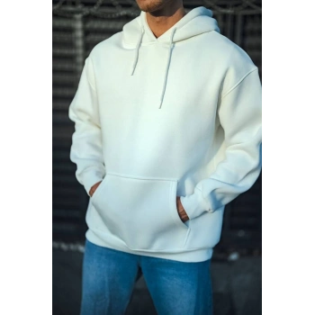 Üç İplik Penye Kapşonlu Basic SweatShirt - Beyaz