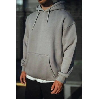 Üç İplik Penye Kapşonlu Basic SweatShirt - Boyalı Gri -