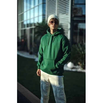 Üç İplik Penye Kapşonlu Basic SweatShirt - Haki -