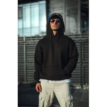Üç İplik Penye Kapşonlu Basic SweatShirt - Siyah -