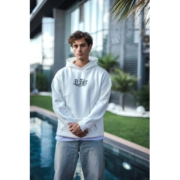 Üç İplik Penye Kapşonlu Baskılı SweatShirt - Beyaz -