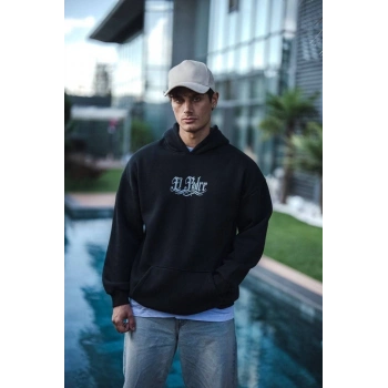 Üç İplik Penye Kapşonlu Baskılı SweatShirt - Siyah -