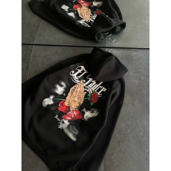 Üç İplik Penye Uzun Kol Kapşonlu Baskılı SweatShirt - Siyah -