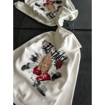 Üç İplik Penye Uzun Kol Kapüşonlu Baskılı SweatShirt - Beyaz -