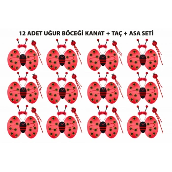 Uğur Böceği Kostüm Seti - Kanat Taç Asa 3 Parça 12 Adet (4887)