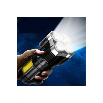 Ultra Parlak El Feneri Usb Şarj 4 Led+yan Cob Led Taktik Günlük Hayat Kamp Avcılık El Feneri