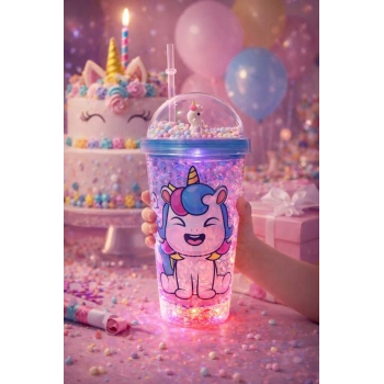 Unicorn Temalı Led Işıklı Suluk Buzlu Cam Görünümlü 450 ML Çift Katman Mika Su Şişesi 2646 Mavi