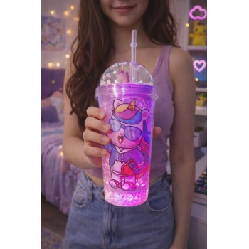 Unicorn Temalı Led Işıklı Suluk Buzlu Cam Görünümlü 450 ML Çift Katman Mika Su Şişesi 2646 Mor