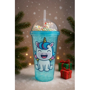 Unicorn Temalı Suluk Pipetli Buzlu Cam Görünümlü 450 ML Çift Katman Mika Su Şişesi 2646 Mavi