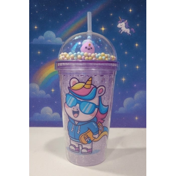 Unicorn Temalı Suluk Pipetli Buzlu Cam Görünümlü 450 ML Çift Katman Mika Su Şişesi 2646 Mor