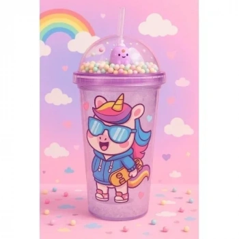 Unicorn Temalı Suluk Pipetli Buzlu Cam Görünümlü 450 ML Çift Katman Mika Su Şişesi 2646 Mor