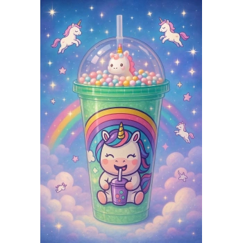 Unicorn Temalı Suluk Pipetli Buzlu Cam Görünümlü 450 ML Çift Katman Mika Su Şişesi 2646 Yeşil