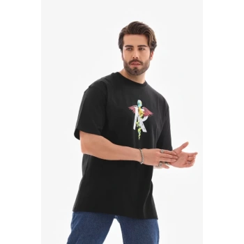 Unisex Bisiklet Yaka Baskılı Oversize TShirt