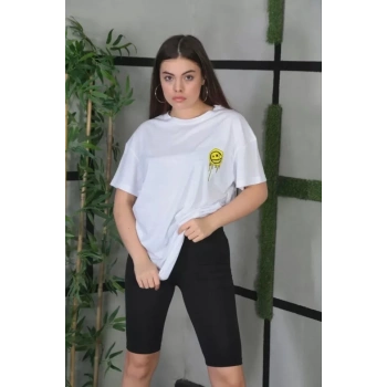 Unisex Bisiklet Yaka Baskılı Oversize TShirt