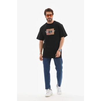 Unisex Bisiklet Yaka Baskılı Oversize TShirt