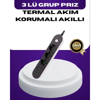 Usb Yuvalı Anahtarlı Üçlü Priz 2 Metre Kablolu