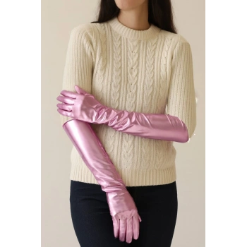 Uzun Boy Ekstra Parlak Eldiven Pembe Renk İç Kısım Vinleks Deri Dirsek Boyu
