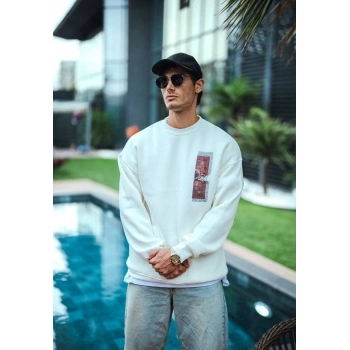 Uzun Kol Bisiklet Yaka Ön ve Arka Baskılı SweatShirt - Beyaz -