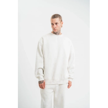 Uzun Kol Bisiklet Yaka Yıkamalı SweatShirt - Beyaz -