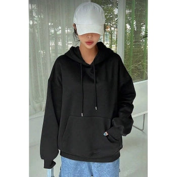 Uzun Kol Kapşonlu Basic Sweatshirt hoodie - Siyah