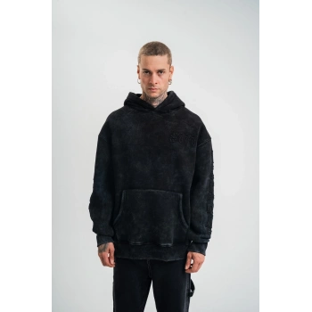 Uzun Kol Kapşonlu Yıkamalı Nakışlı SweatShirt - Siyah