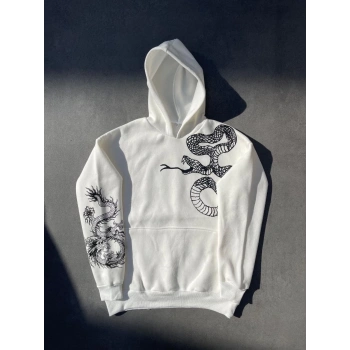 Uzun Kol Kapüşonlu Baskılı SweatShirt - Beyaz -