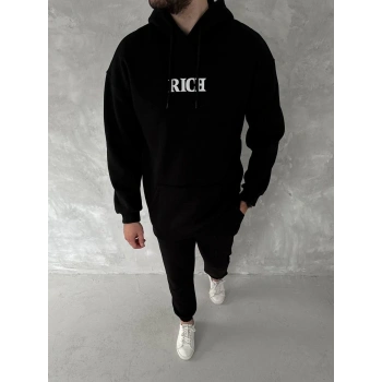 Uzun Kol Kapüşonlu Göğüs Baskılı SweatShirt - Siyah -