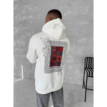 Uzun Kol Kapüşonlu Ön Ve Arka Baskılı SweatShirt - Beyaz -