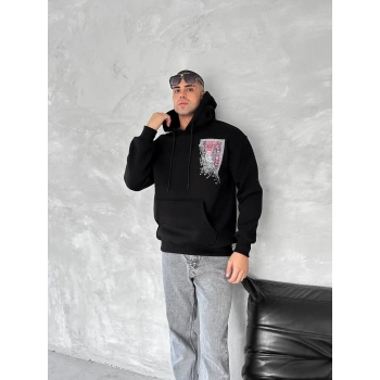 Uzun Kol Kapüşonlu Ön Ve Arka Baskılı SweatShirt - Siyah -