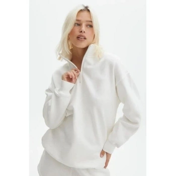 Uzun Kol Yarım Farmuarlı Yakalı Basic SweatShirt - Beyaz