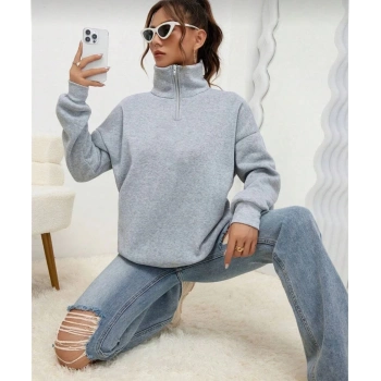 Uzun Kol Yarım Farmuarlı Yakalı Basic SweatShirt - Gri -