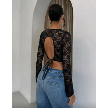Uzun Kollu Dantel Crop Kadın Arkası Dekolteli Bağcıklı Esnek Şık Üst