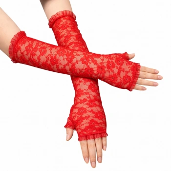Uzun Zarif Dantel Eldiven Parmaksız Kırmızı 35 cm