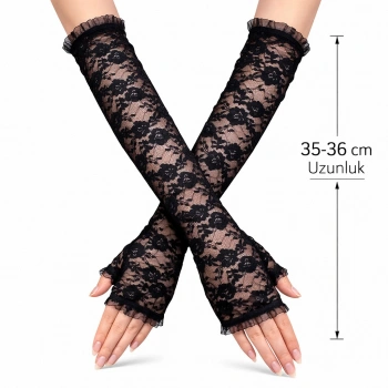 Uzun Zarif Dantel Eldiven Parmaksız Siyah