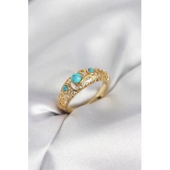 Vintage Model Mavi Taşlı Gold Renk Kadın Yüzük - TJ-BYK4149