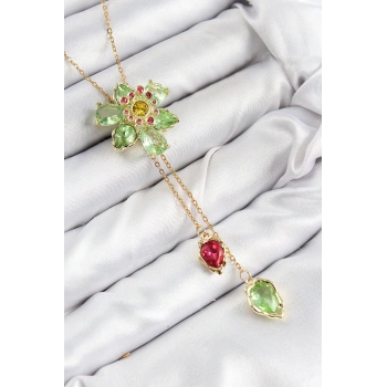 VIP Pirinç Zirkon Taşlı Çiçek Model Gold Renk Asansörlü Kadın Kolye - TJ-BKO10474