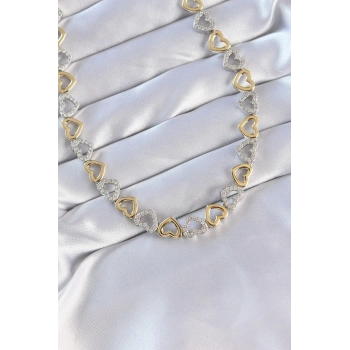 Vip Seri Pirinç Çift Renk Zirkon Taşlı İçi Boş Kalp Tasarımlı Kolye - TJ-BKO8870