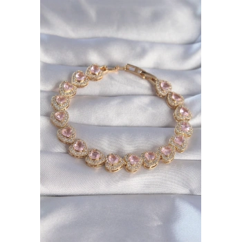 Vip Seri Pirinç Gold Renk Pembe Zirkon Taşlı Kalp Tasarımlı Bileklik - TJ-BB6127
