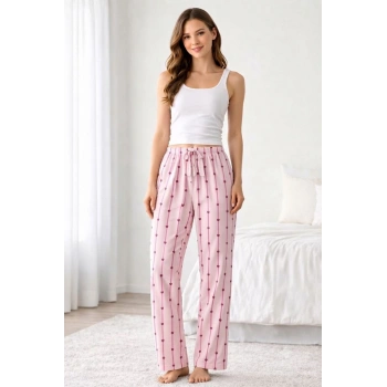 Viskon Pamuklu Kadın Açık Pembe Desenli Pijama Pantolon - MG007 - Mudanis